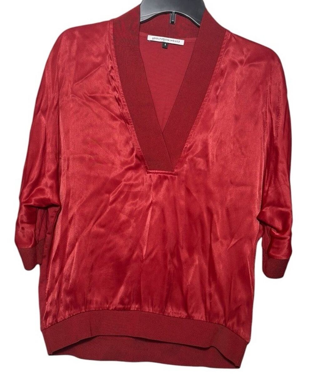 Adolfo Dominguez Red V-Neck Satin Blouse Dolman Sleeves Women’s Size S